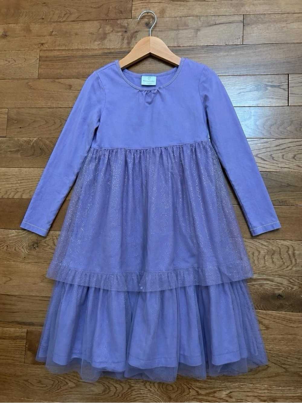 Hanna Andersson Girls 140 Purple Sparkle Tulle Tiered Long Sleeve Dress